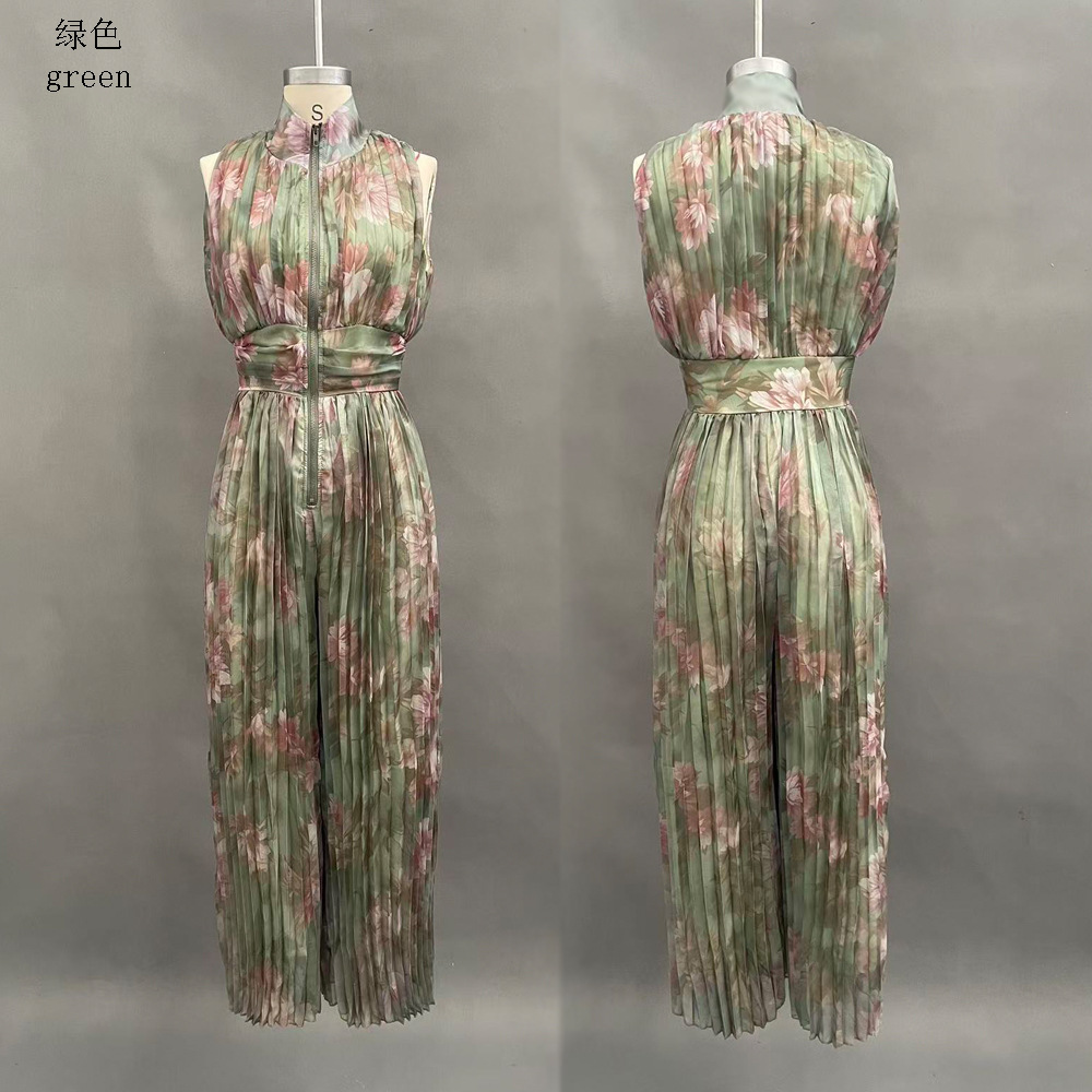 Women's Pleated Halter Wide-Leg Jumpsuit Sleeveless Deep V-Neck