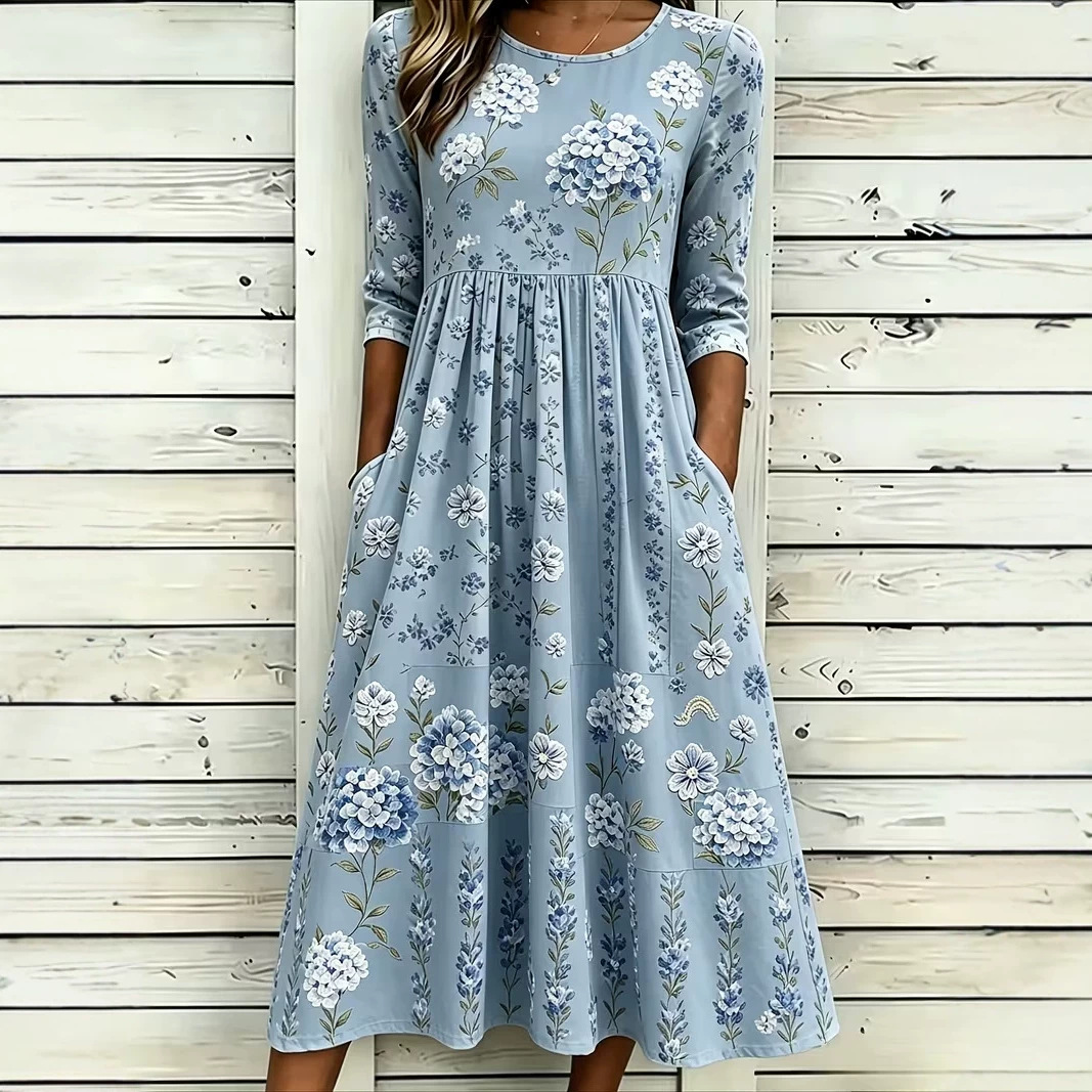 Women's Fresh Floral Print Ruched Midi Dress