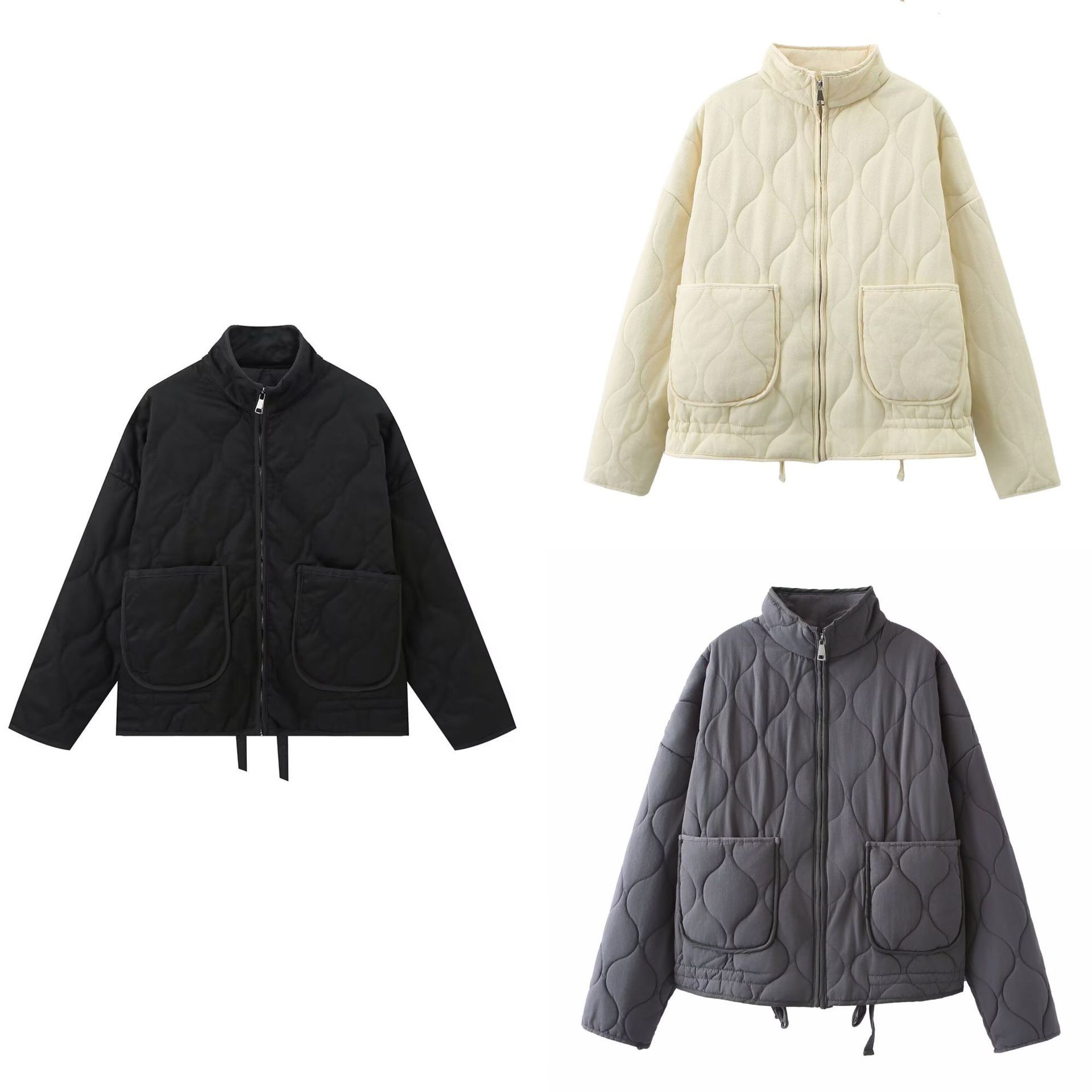 Women's Solid Color Stand Collar Zip Midi Coat with Pockets and Belt