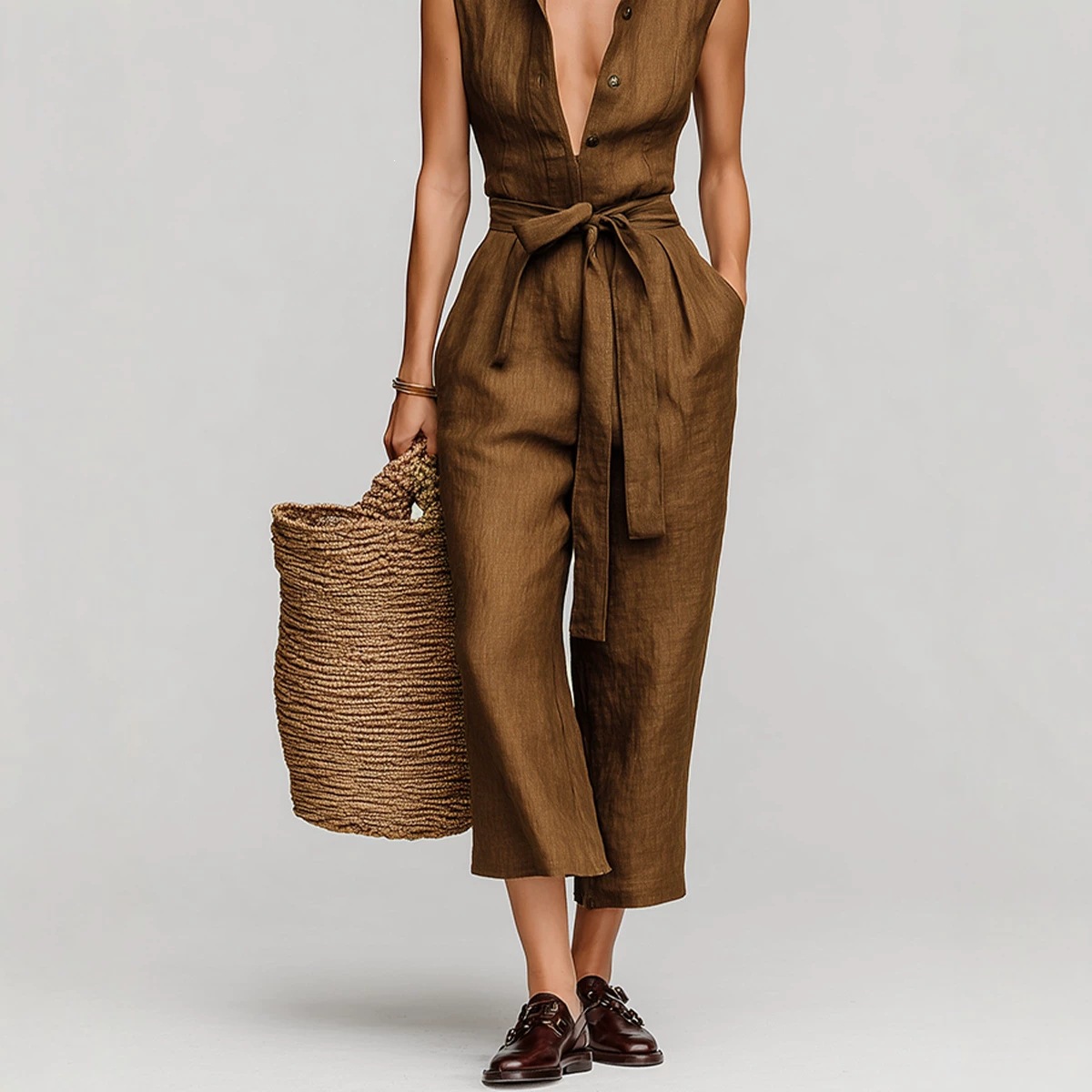 Sleeveless V-Neck Belted Wide-Leg Cropped Jumpsuit