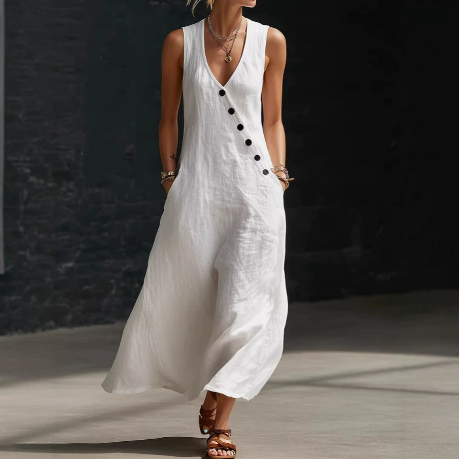 V-Neck Sleeveless Asymmetric Button Long Dress