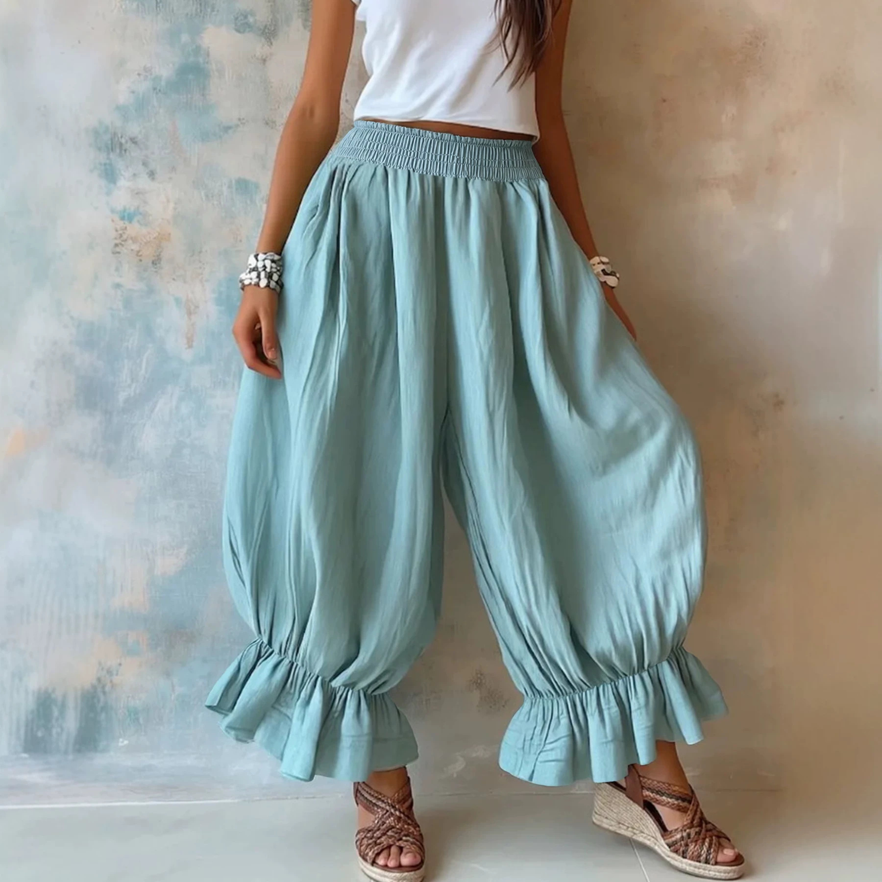 Women's Loose Casual Cotton-Linen Ruffle Lantern Pants
