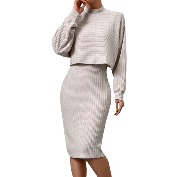 Ribbed Long-Sleeve Top and Cami Dress Set