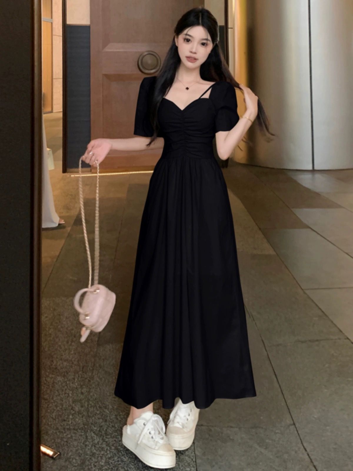 Plus Size Square Neck A-Line Midi Dress – Slimming Waist, Black