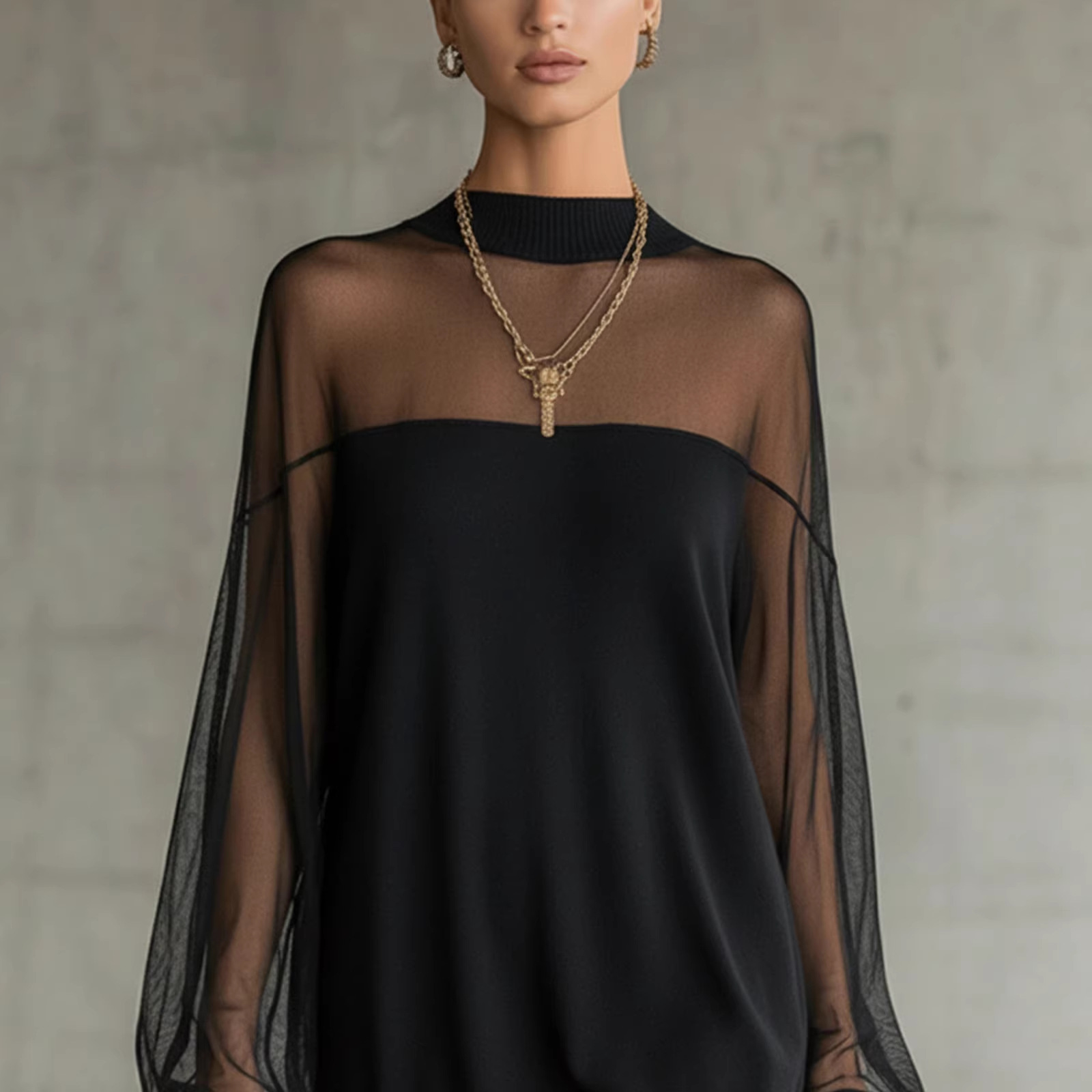 Women's Mesh Panel Mini Dress Long Sleeve Crew Neck Black