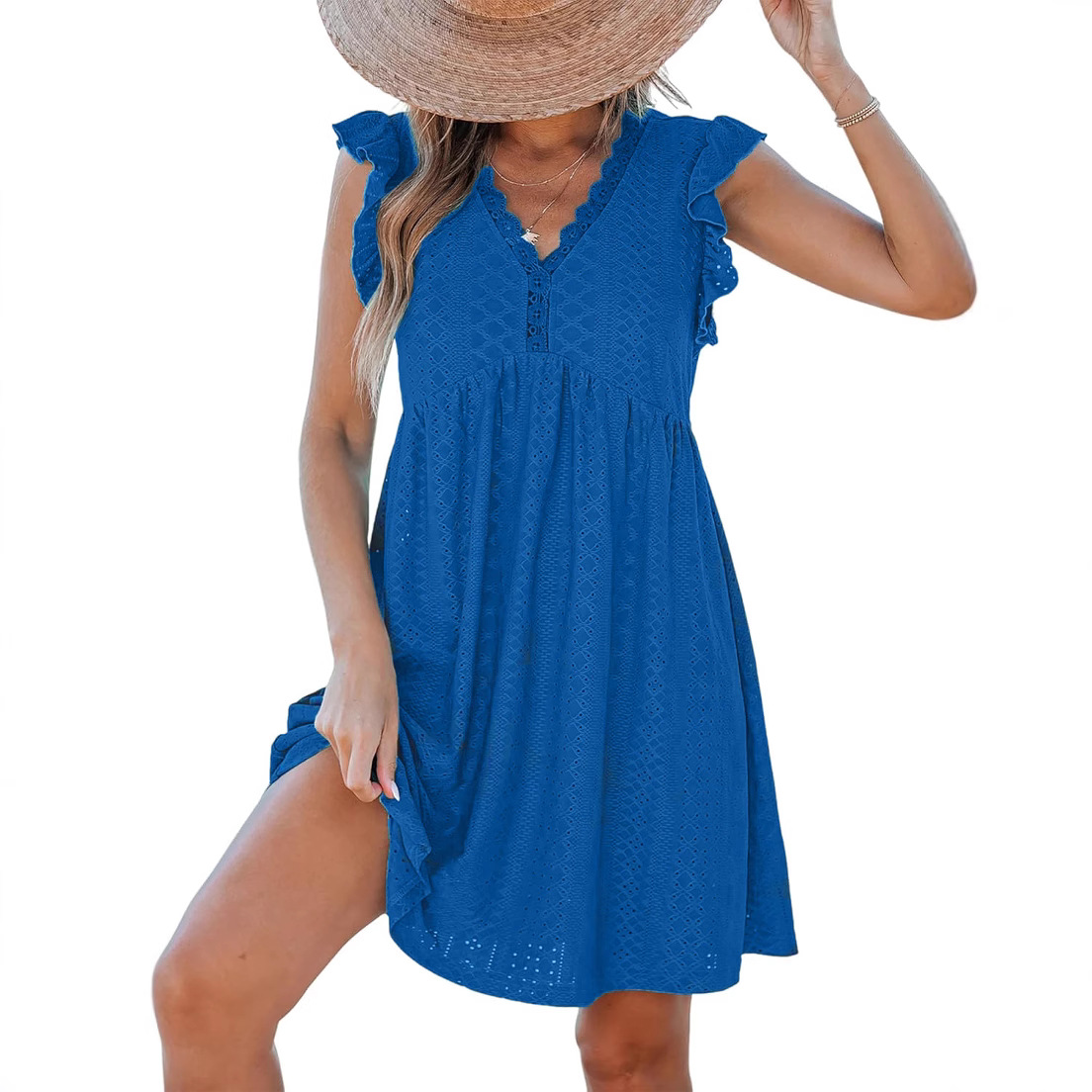 Women's V-Neck Lace Trim Cutout Short Sleeve Smock Dress