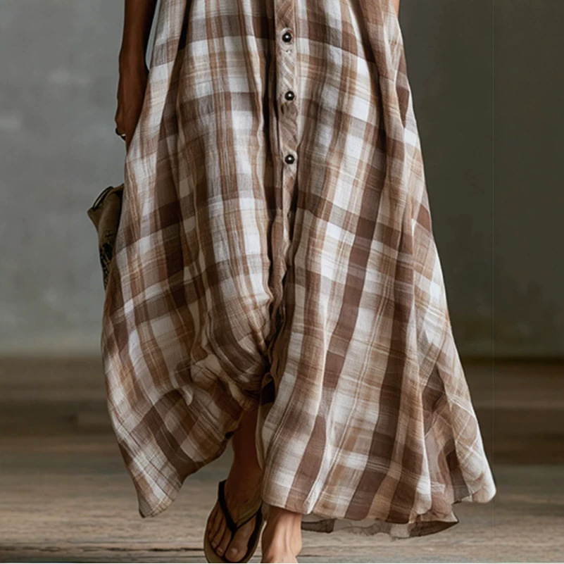 Retro Brown & White Plaid Sleeveless V-Neck High-Waist Long Dress