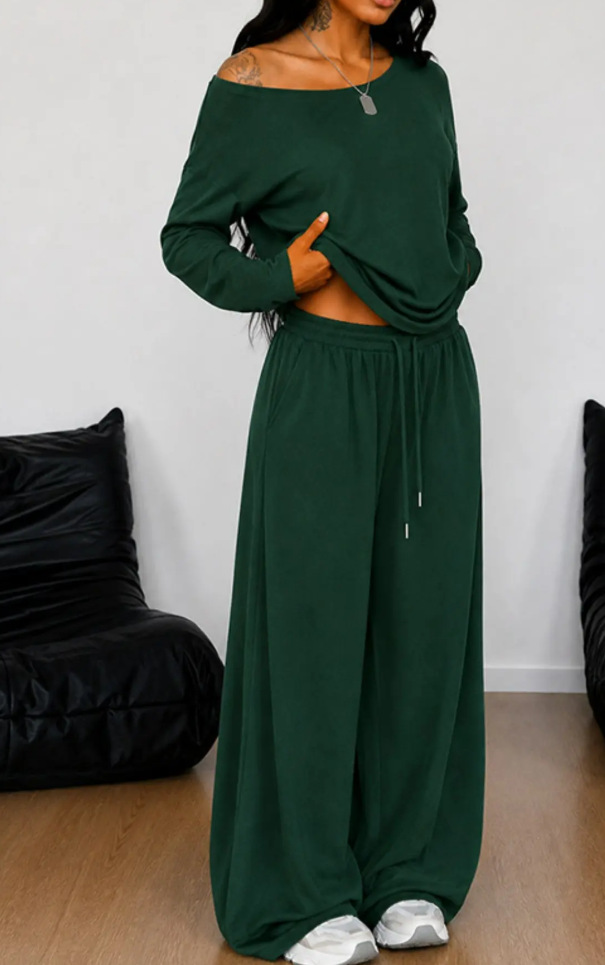 Women's Casual Loungewear Set Long Sleeve Top & Wide Leg Pants