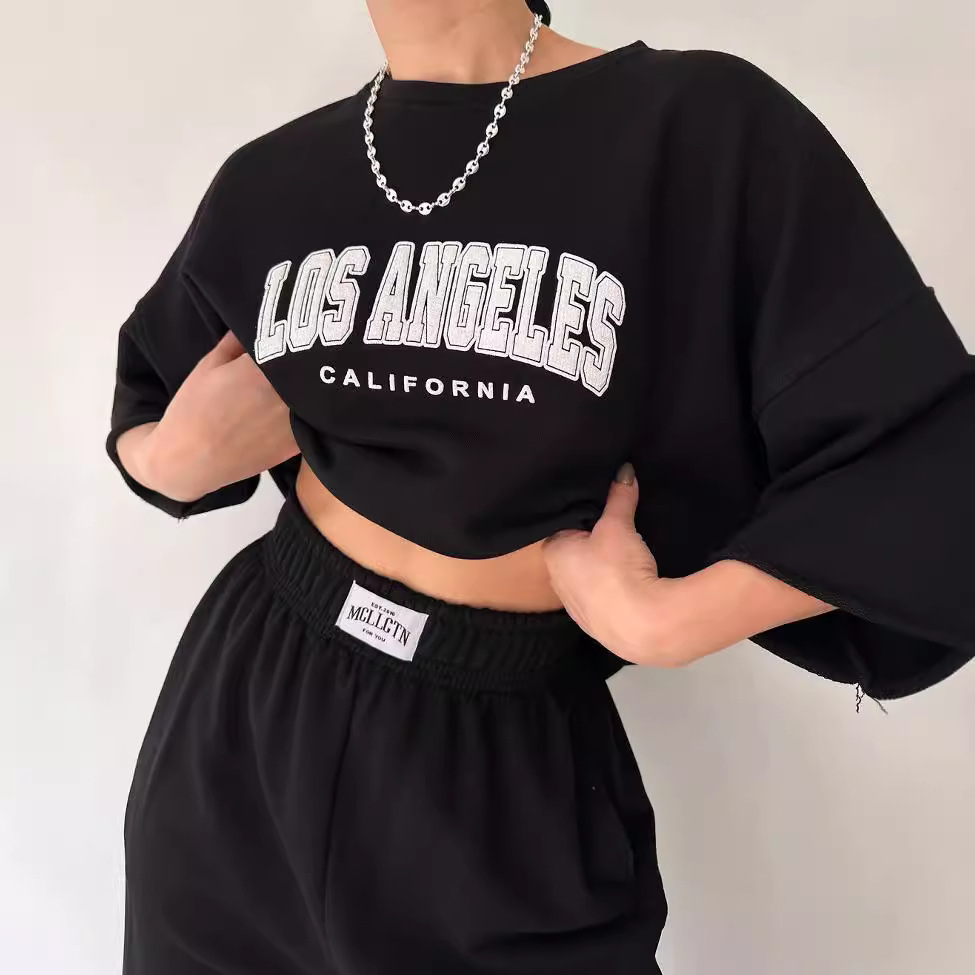 Women's Casual Print Short Sleeve Sweatshirt and Pants Two-Piece Set