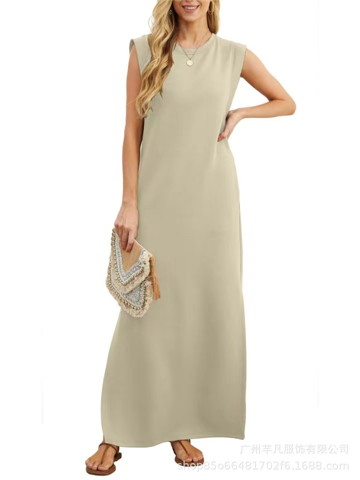 Women's Summer Casual Loose Long A-Line Dress Sleeveless Round Neck