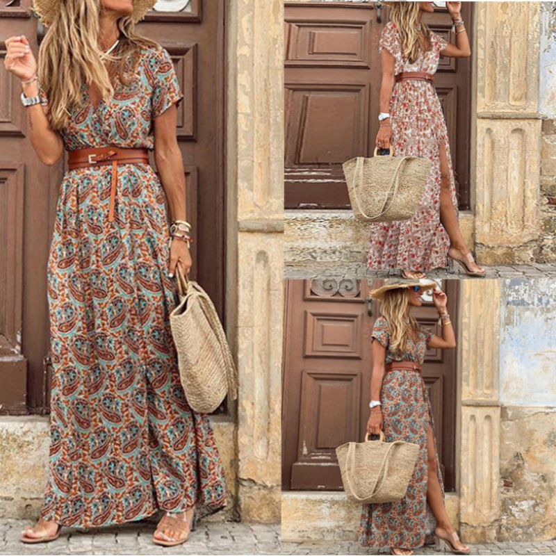 Bohemian V-Neck Floral Print Midi Dress