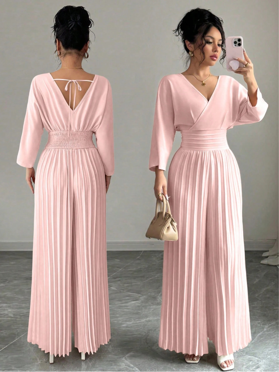 Elegant Solid V-Neck Pleated Waist-Defining Wide-Leg Jumpsuit