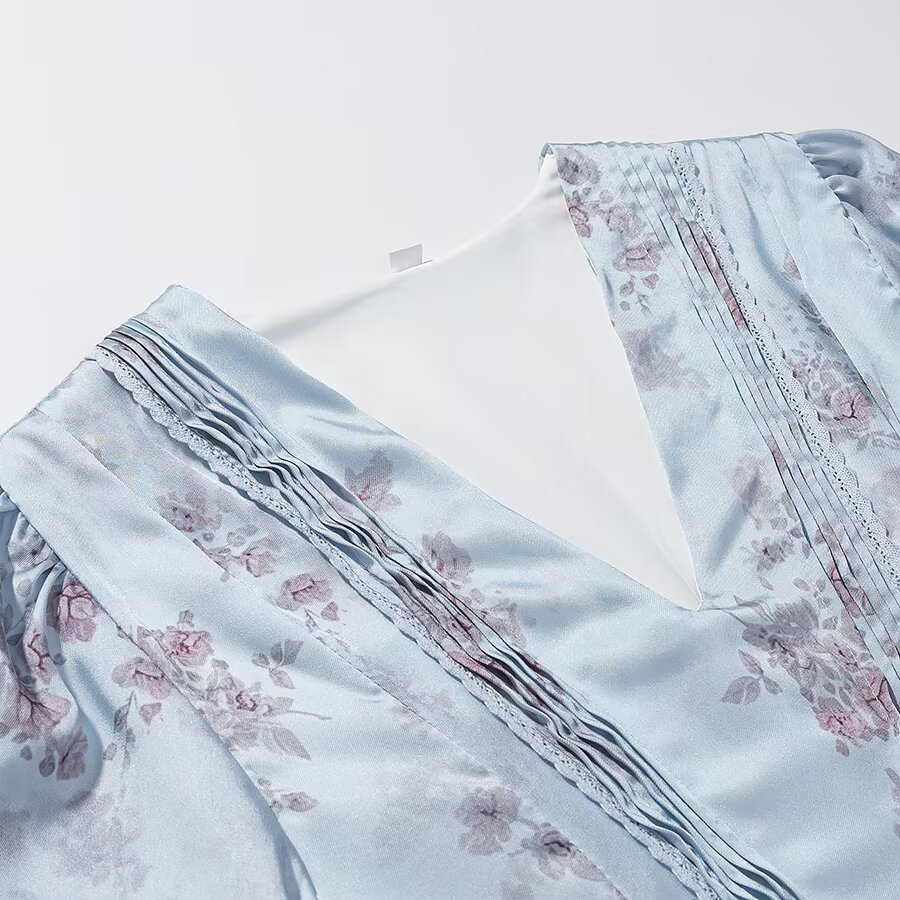 Light Blue Floral V-Neck A-Line Midi Dress