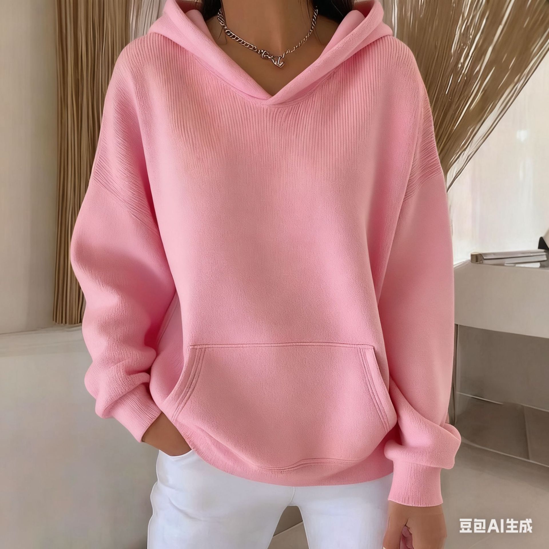 Women's Minimalist Solid Color Chunky Rib Knit Print Hoodie