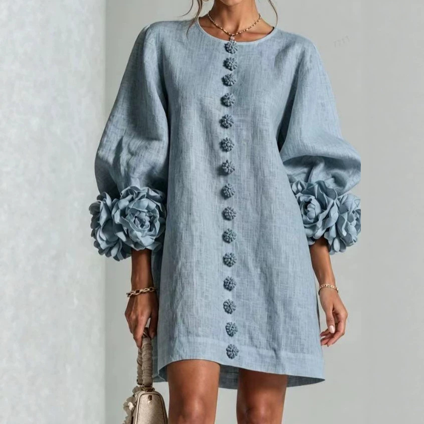 French-Style 3D Floral Lantern-Sleeve Solid Dress with Round Neck and Button Front