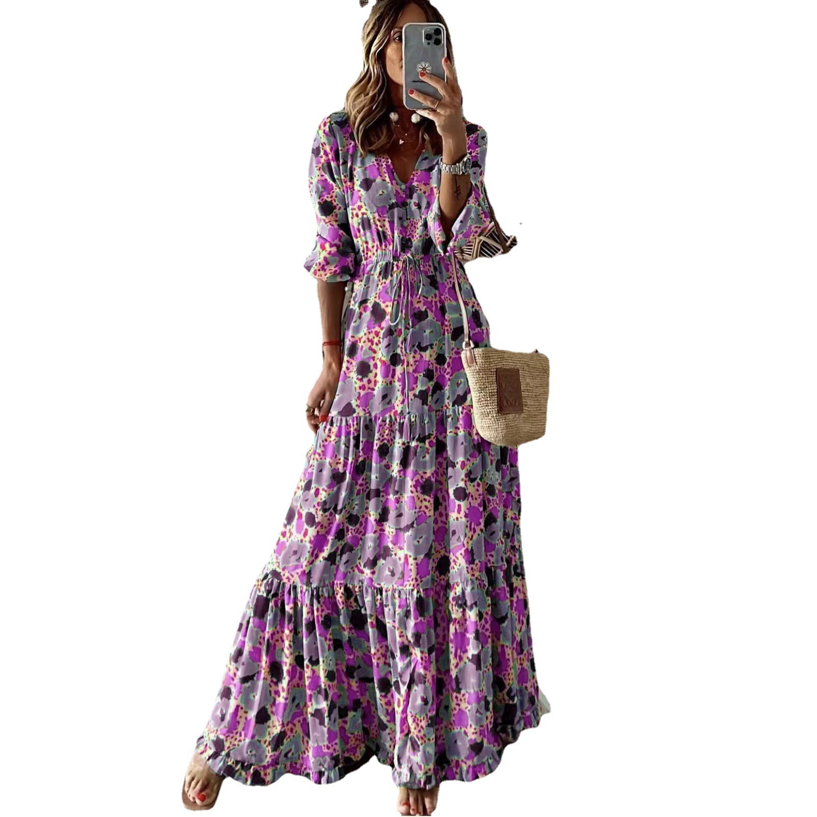 Bohemian V-Neck Floral Print Maxi Dress with Lantern Sleeves