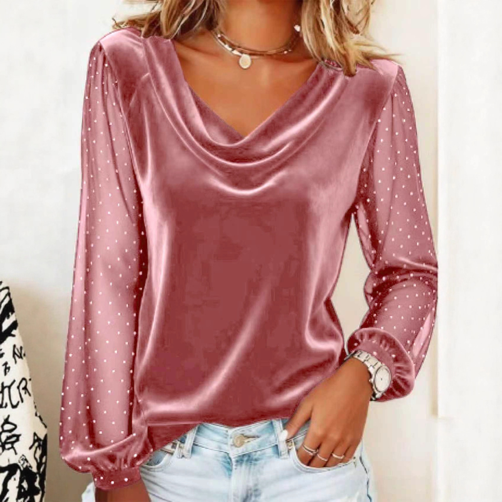 Women's Solid V-Neck Mesh Rhinestone Long-Sleeve T-Shirt