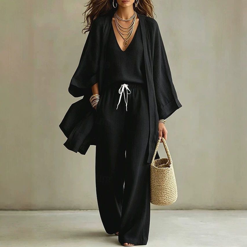 Women's Summer Solid Color Cotton-Linen 3-Piece Set: Open-Front Cardigan, Sleeveless Tank, Wide-Leg Pants