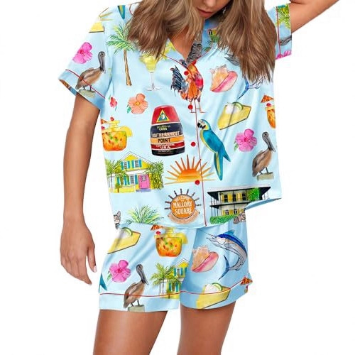 Women's Cuban Collar Animal Print Short Sleeve Shirt Set Casual Summer