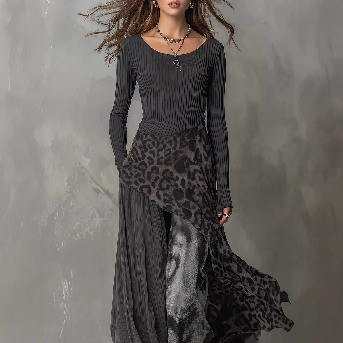 Leopard Print Elastic Waist Flowy Casual Dress