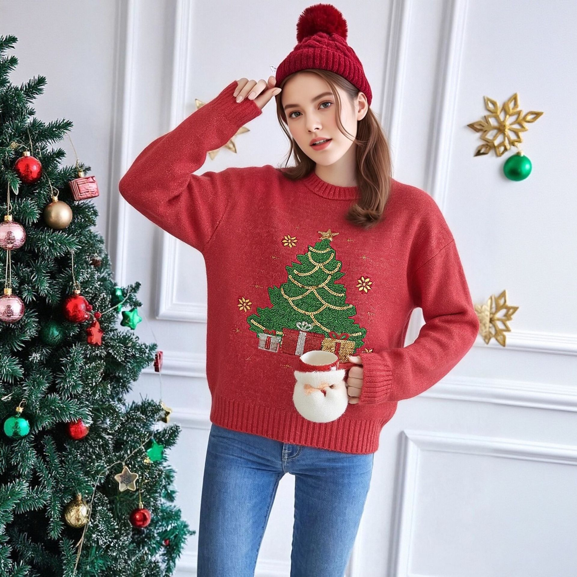 Red Crewneck Pullover Sweater with Christmas Tree Sequin Embroidery