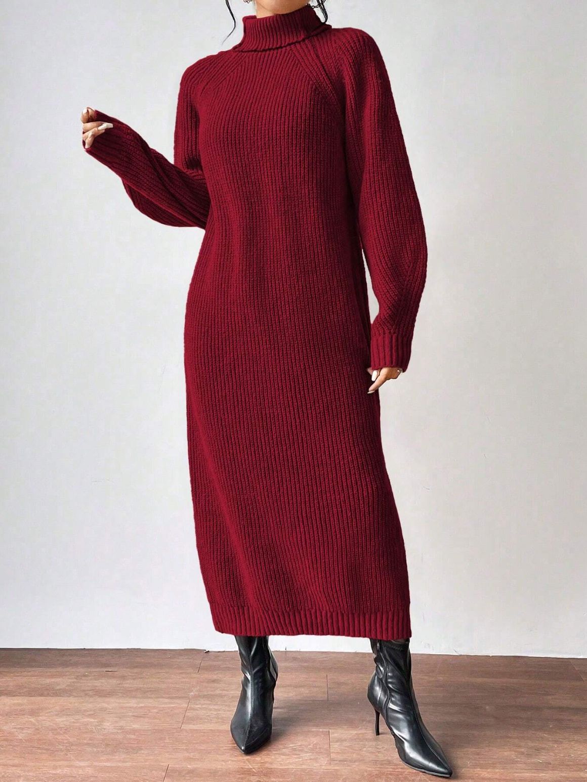 Women's Turtleneck Long Sleeve Knit Sweater Dress Solid Color Long Pullover