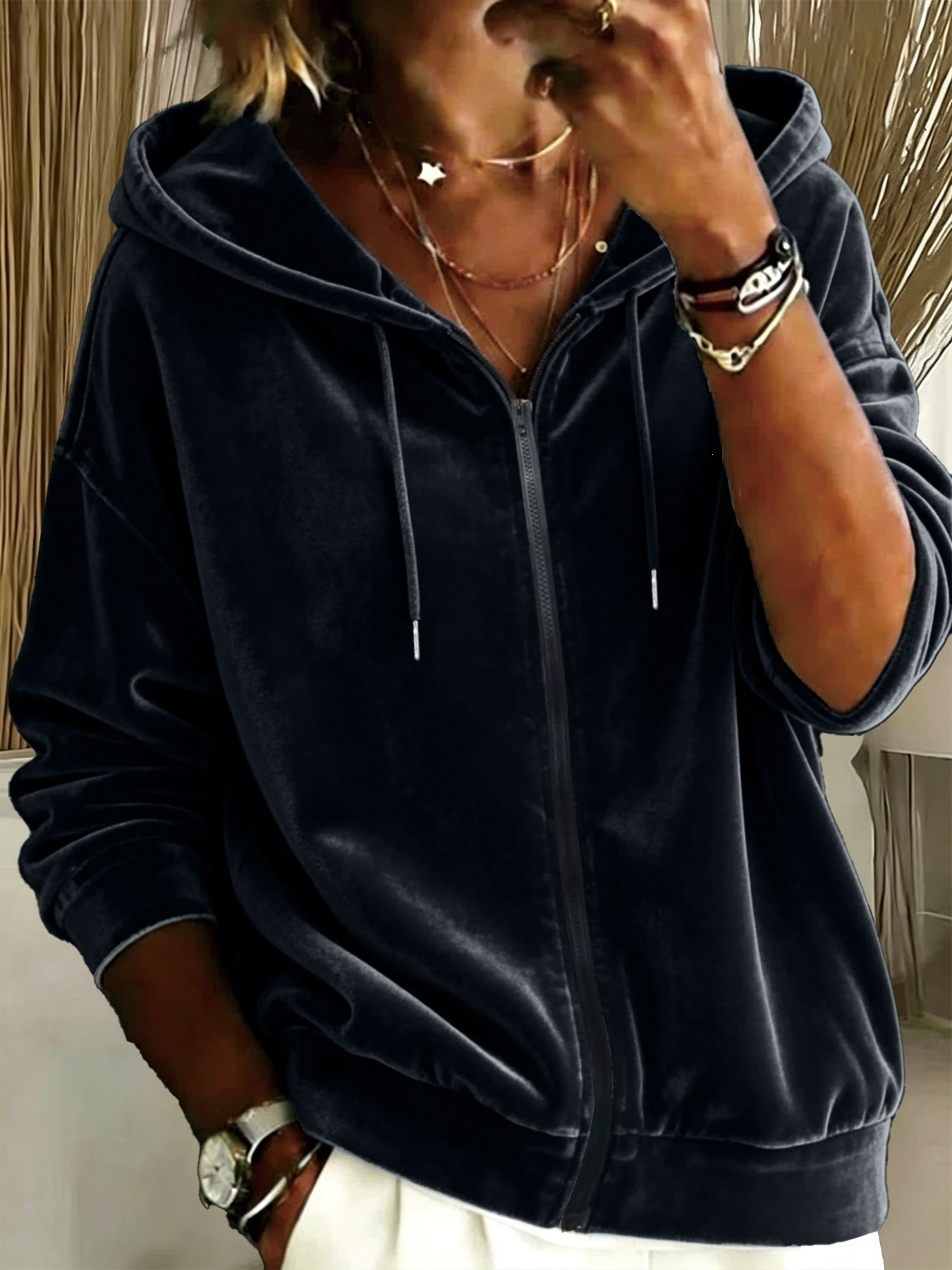 Hooded Solid Velvet Zip-Up Loose Fit Sweatshirt