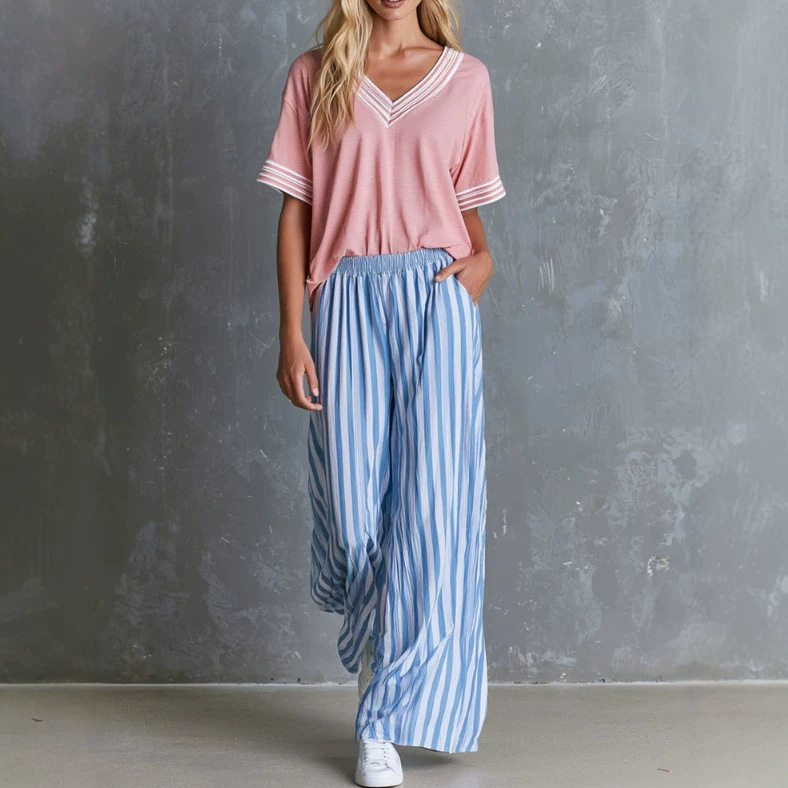 Retro Pink V-Neck Short-Sleeve T-Shirt and Blue Striped Pants Set