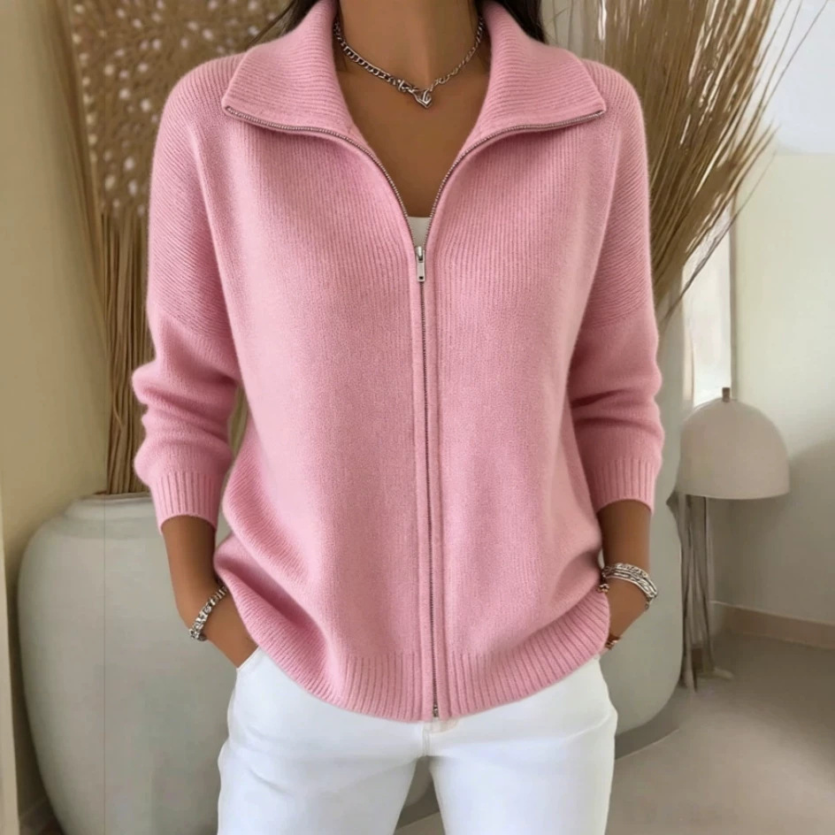 Women's Zip-Up Knit Cardigan with Collar, Solid Color, Relaxed Fit