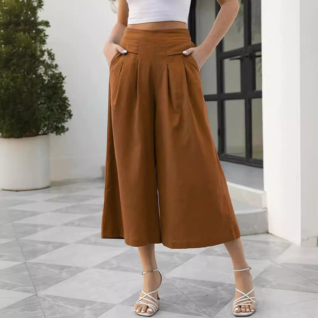 Women's Cotton-Feel Wide-Leg Cropped Pants with Elastic Waist and Pockets