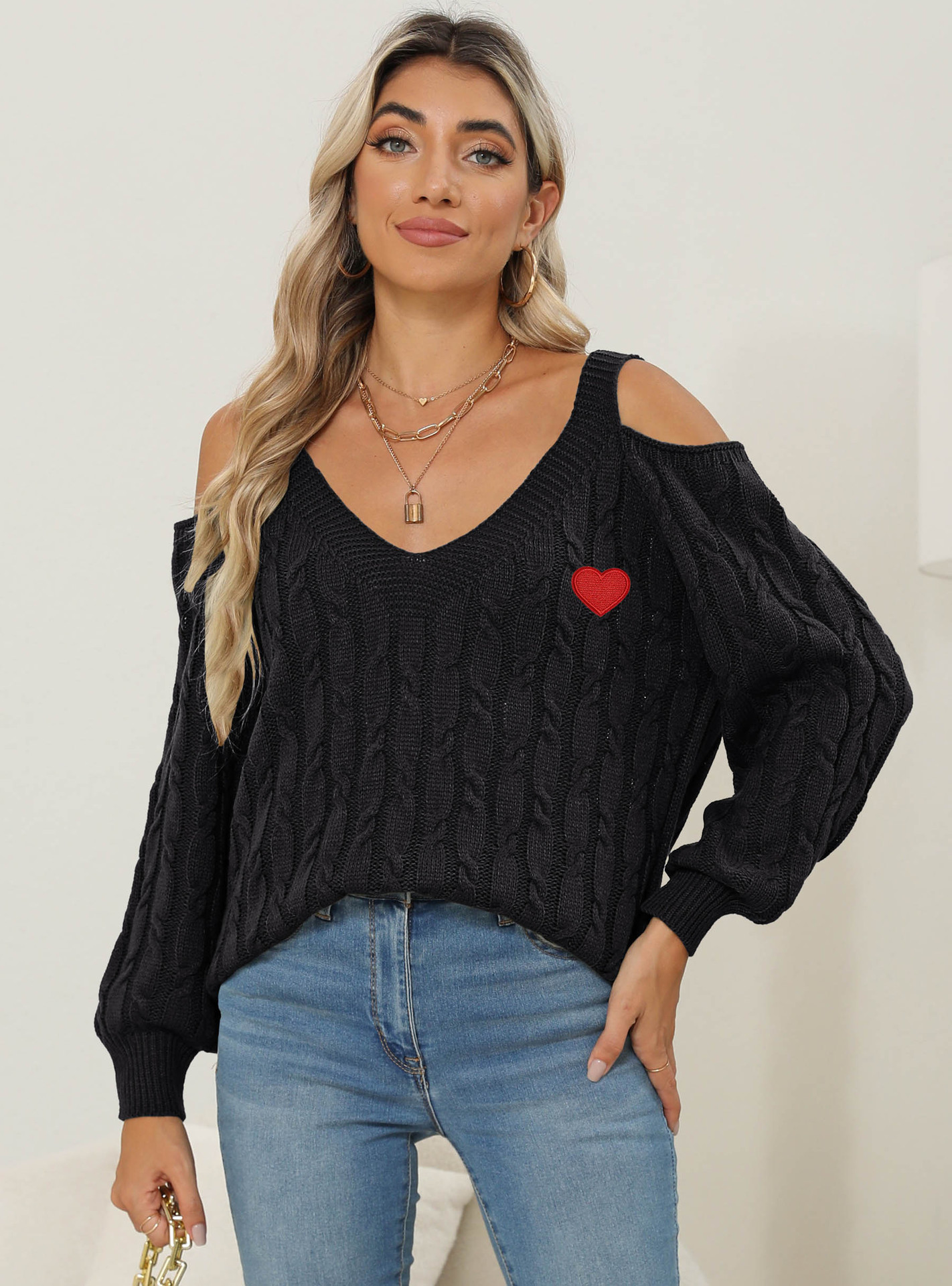 Women's Deep V Off-Shoulder Loose Knit Sweater