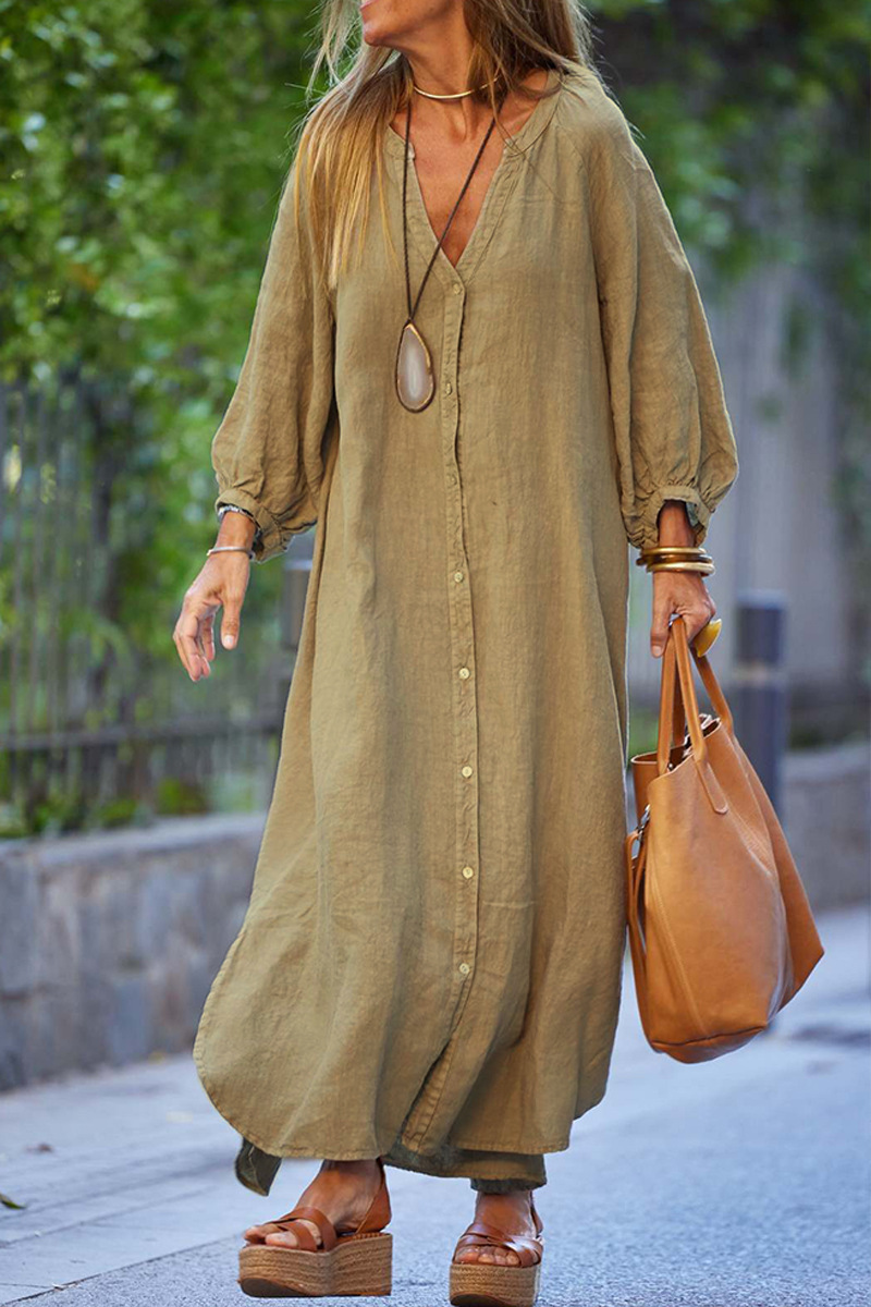Women's Cotton-Linen V-Neck Long Shirt Dress Casual Commuter