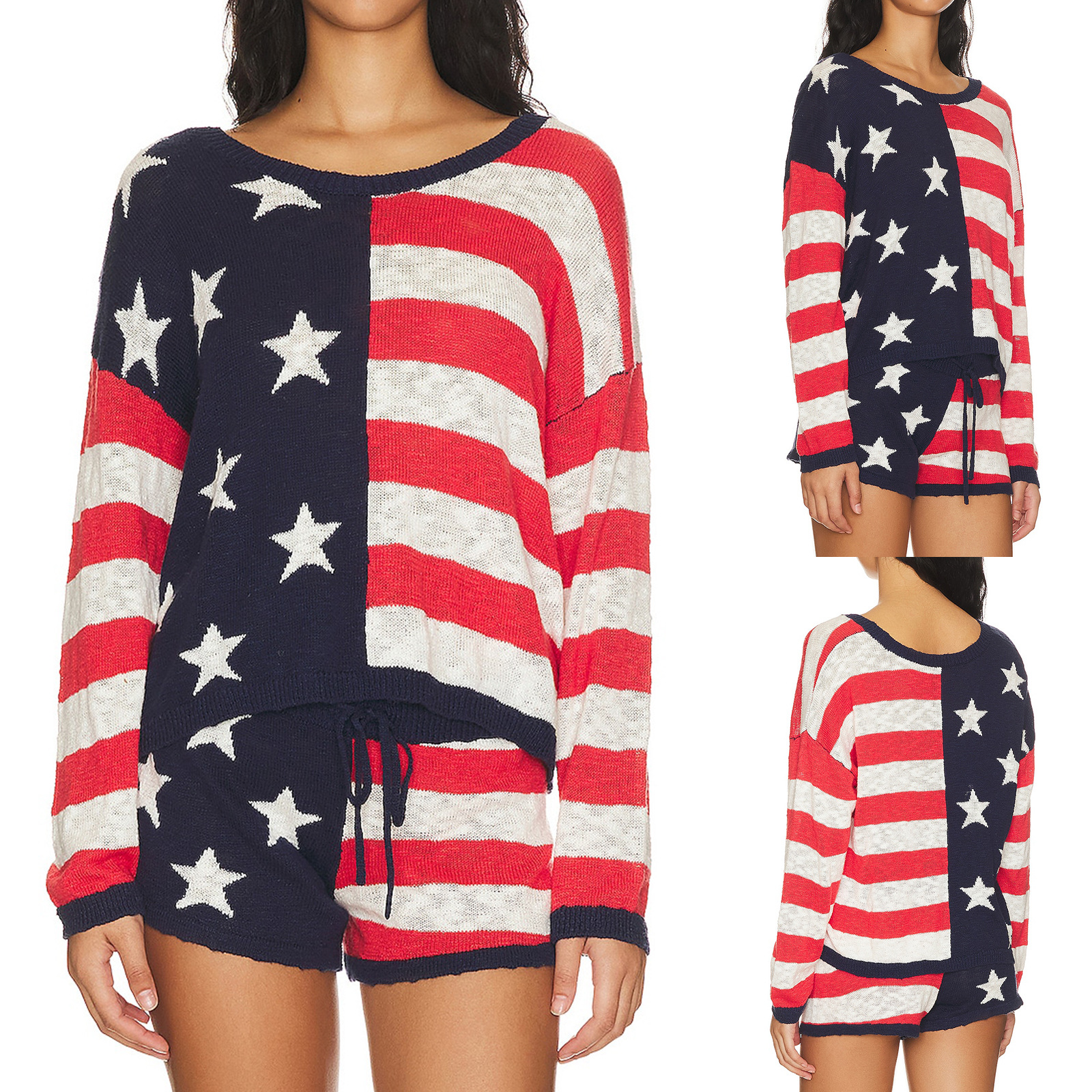 Women's Star Colorblock Striped Knit Long-Sleeve Sweater & Shorts Set