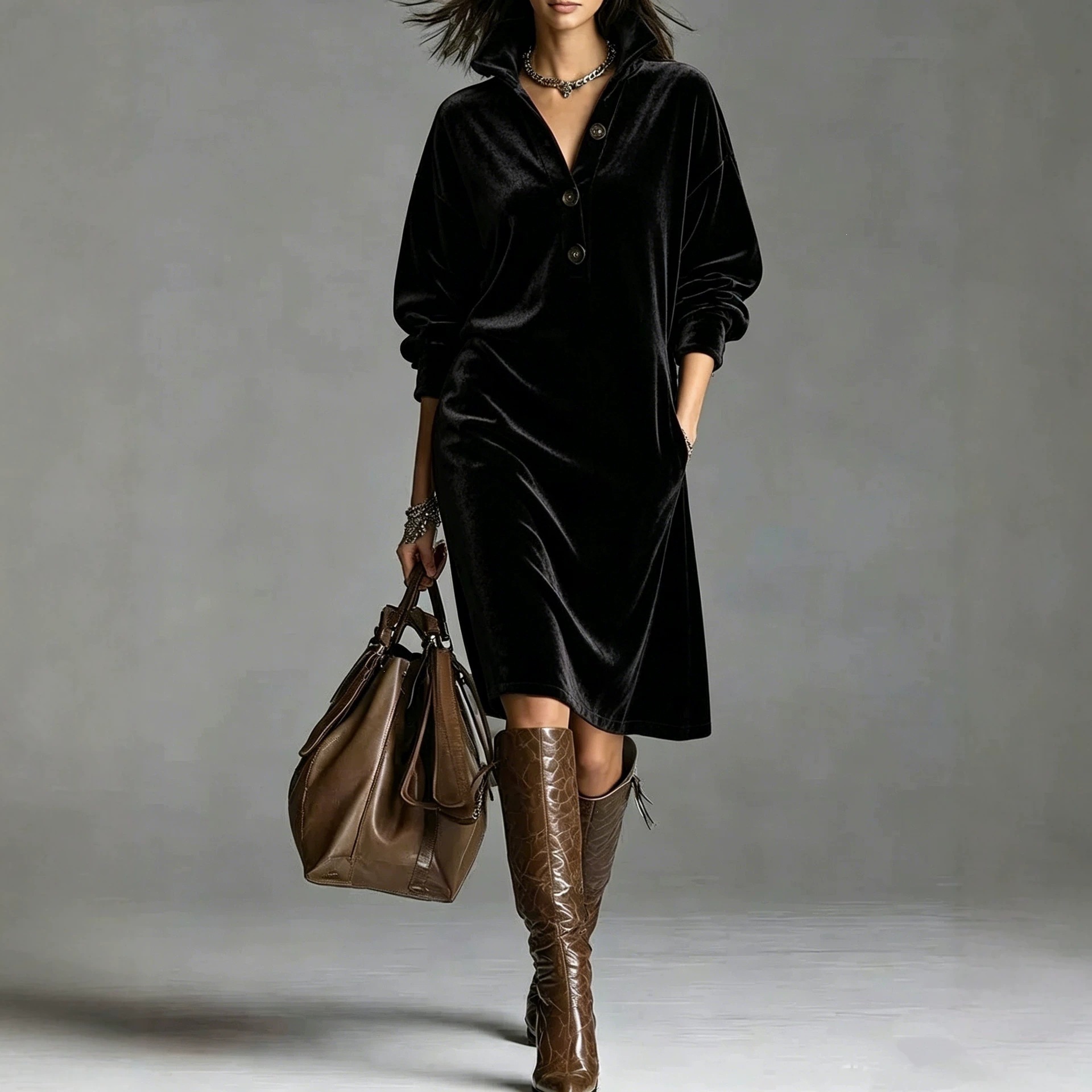 Velvet Button-Front Collared Loose Straight Midi Dress