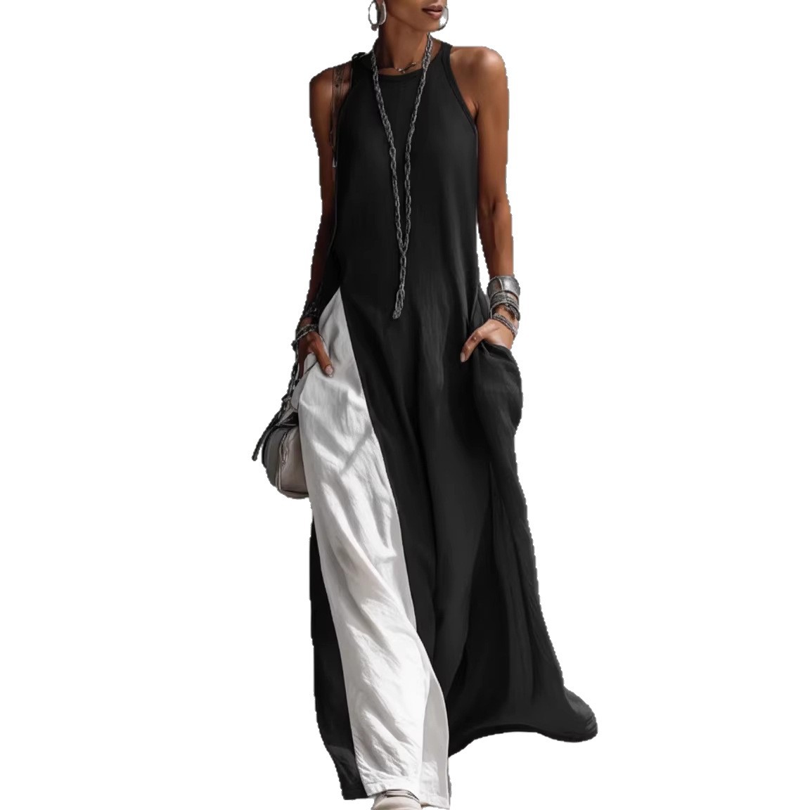 Women's Sleeveless Off-Shoulder Color-Block Dress with Pockets