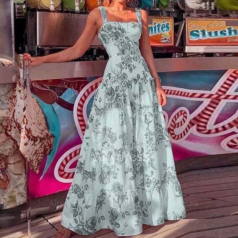 Women's Sleeveless Square Neck High Waist Floral Print Maxi Dress