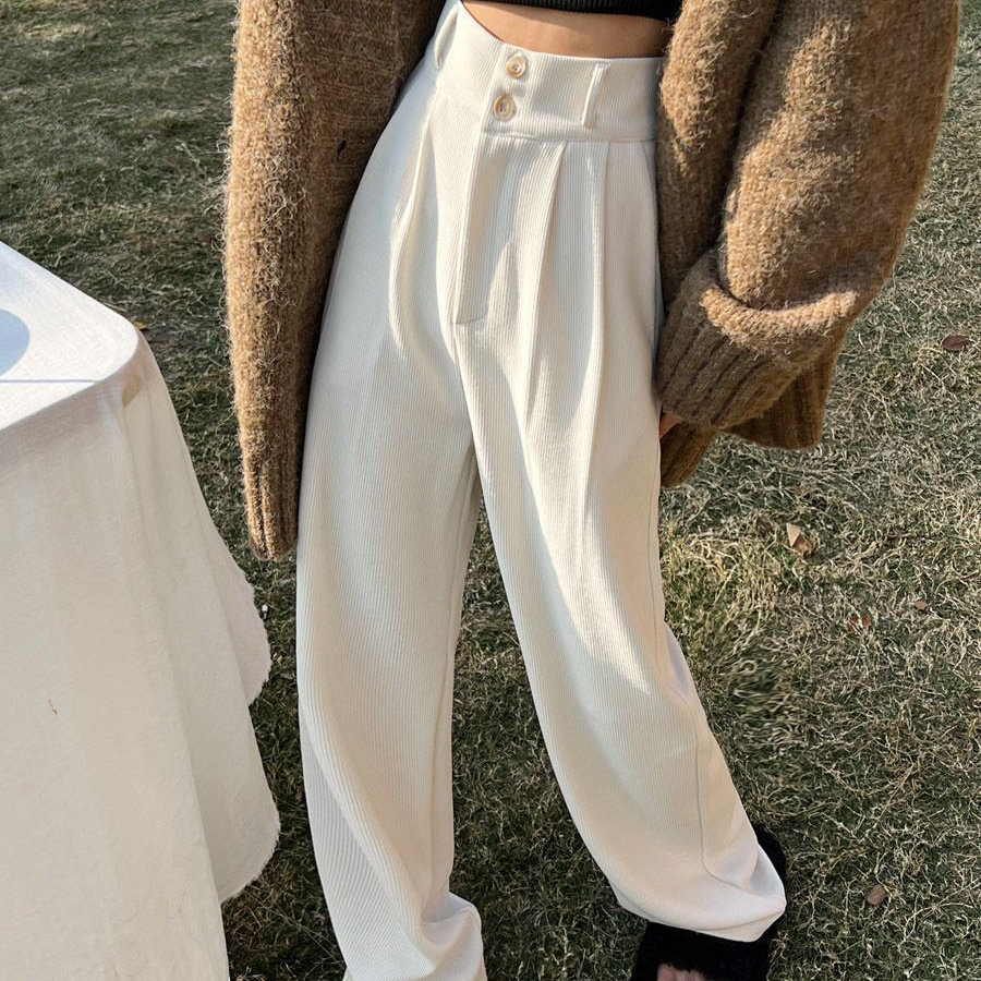 White High-Waist Wide-Leg Fleece-Lined Straight Suit Pants