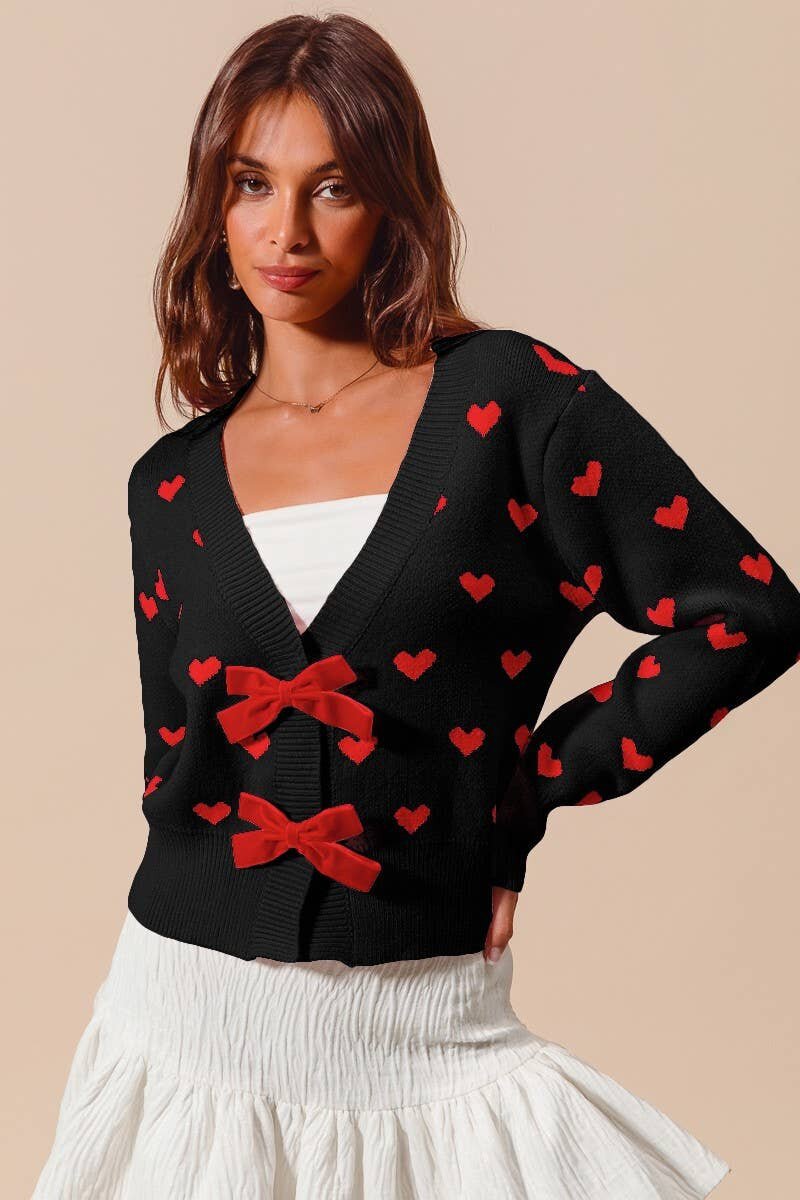 V-Neck Heart Knit Cardigan with Bow Buttons