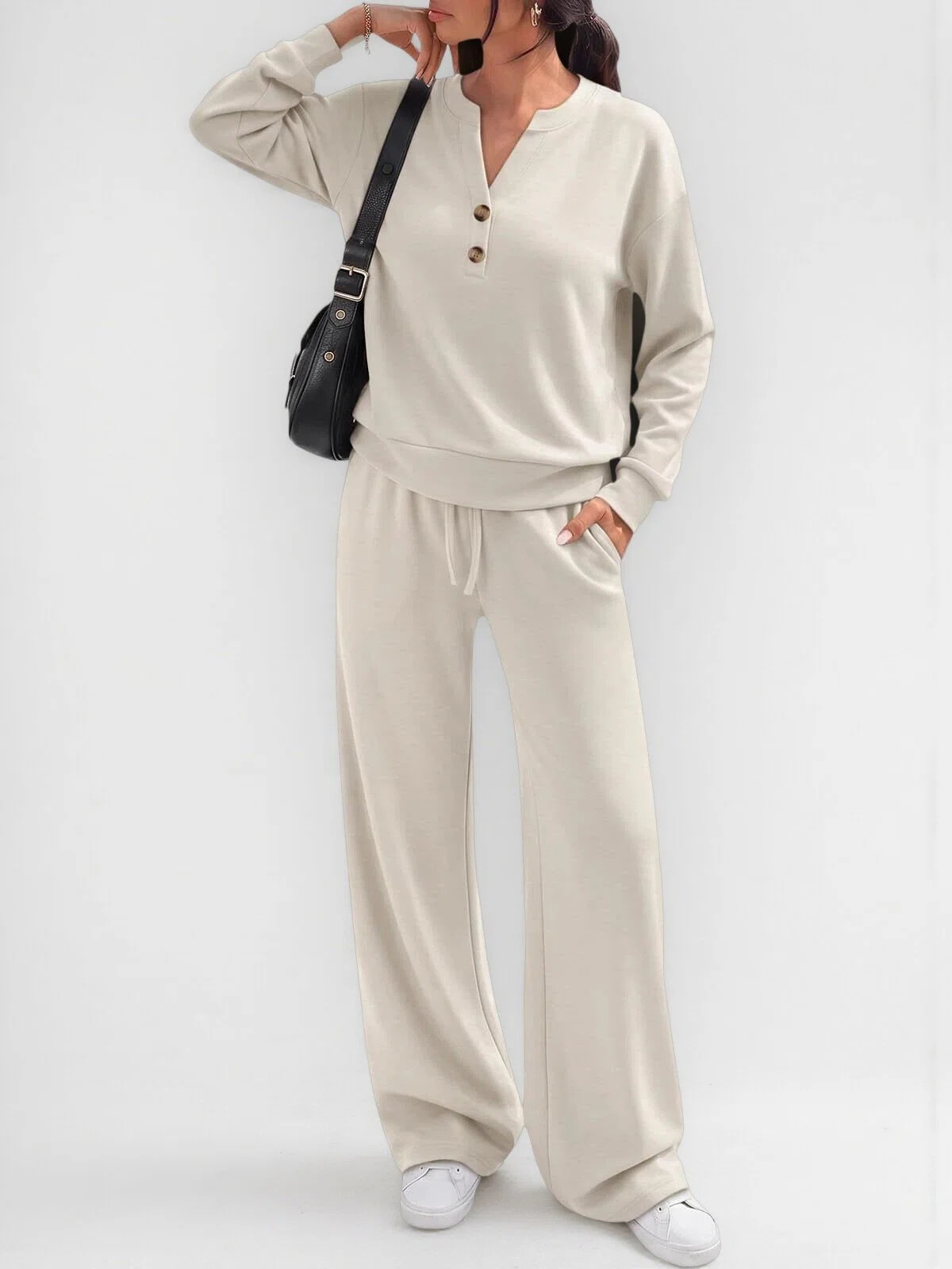 Women's Casual Two-Piece Set Long Sleeve Top & Wide-Leg Pants