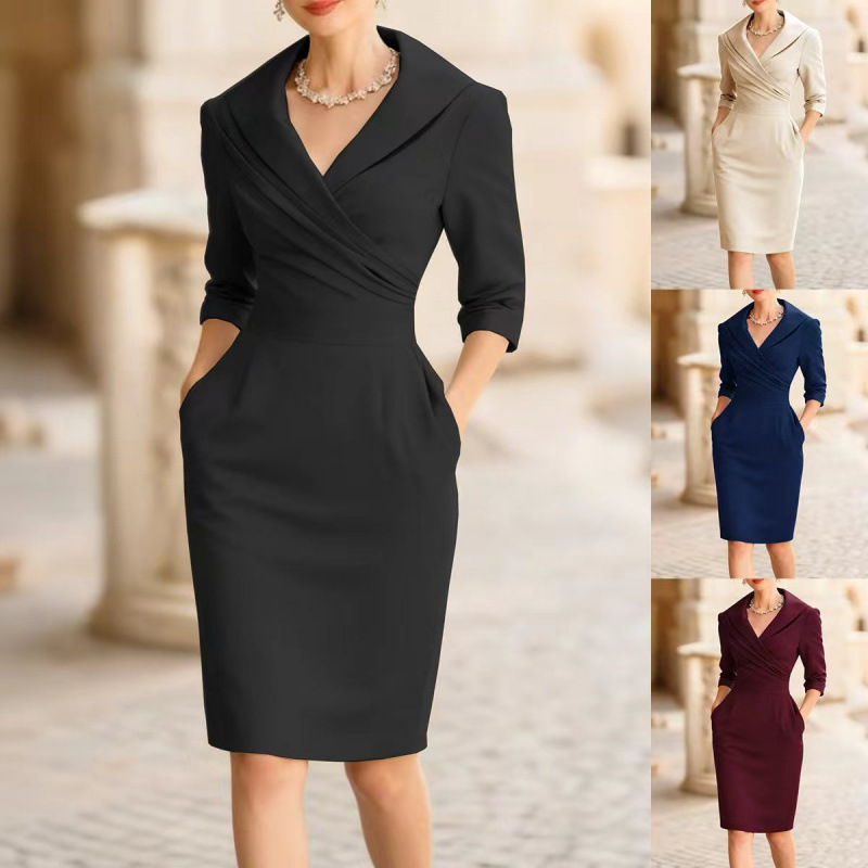 Slimming Waist-Cinched Knit Dress with Lapel Collar