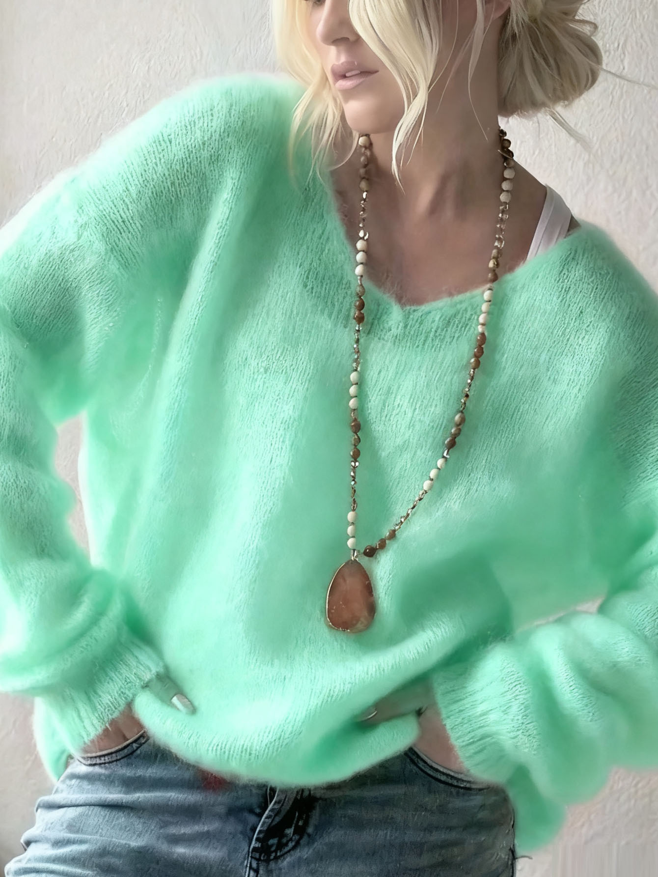 Soft V-Neck Pullover Sweater for Women Solid Color Knit Top