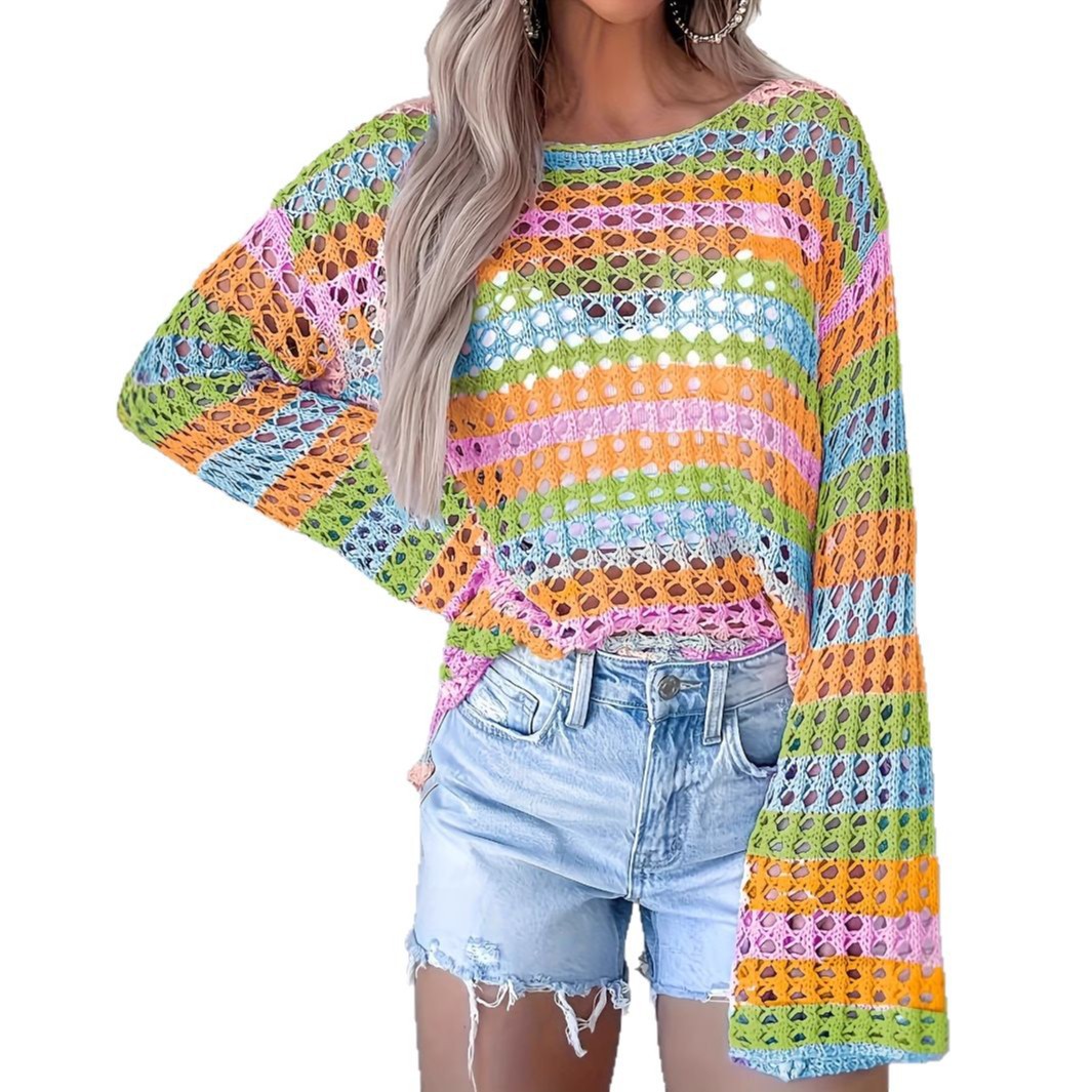 Color-Block Striped Knit Sweater Loose Crewneck Long Sleeve