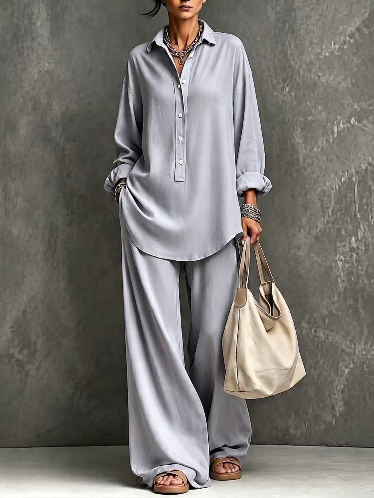 Women's Solid Color Collared Button Long Sleeve Shirt & Wide Leg Pants Set