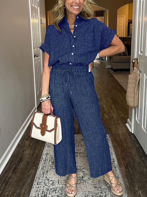 Women's Striped Two-Piece Set with Collared Short Sleeve Top and Straight-Leg Pants