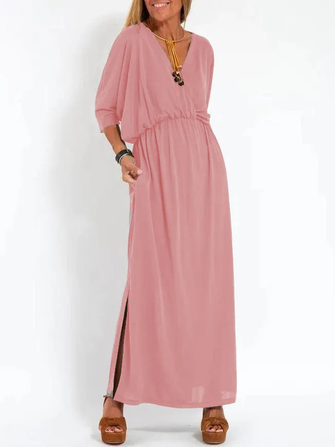 Women's High-Waist Slit Short-Sleeve Dress in Solid Colors