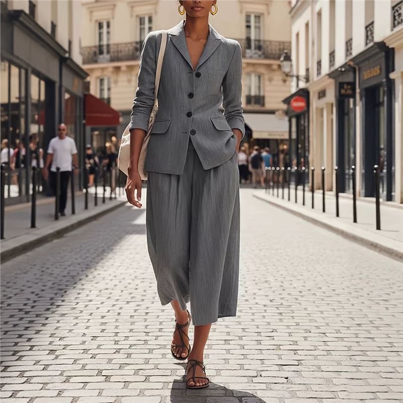Elegant Linen-Blend Blazer & Wide-Leg Pants Set