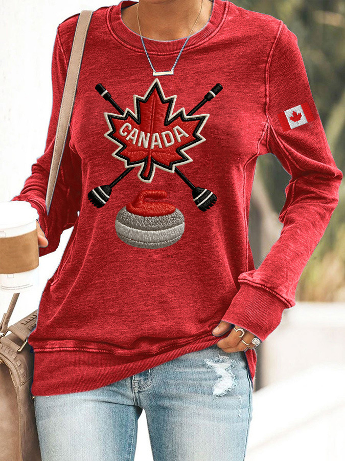 Canada Maple Leaf Curling Print Crewneck Sweatshirt