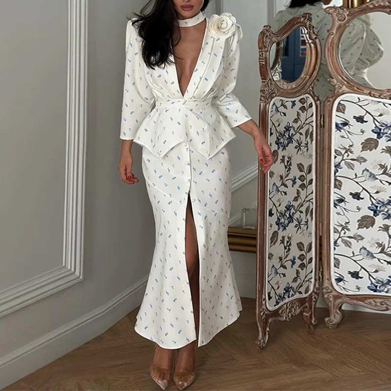 Women's Floral Print Deep V-Neck Long Sleeve Bodycon Dress