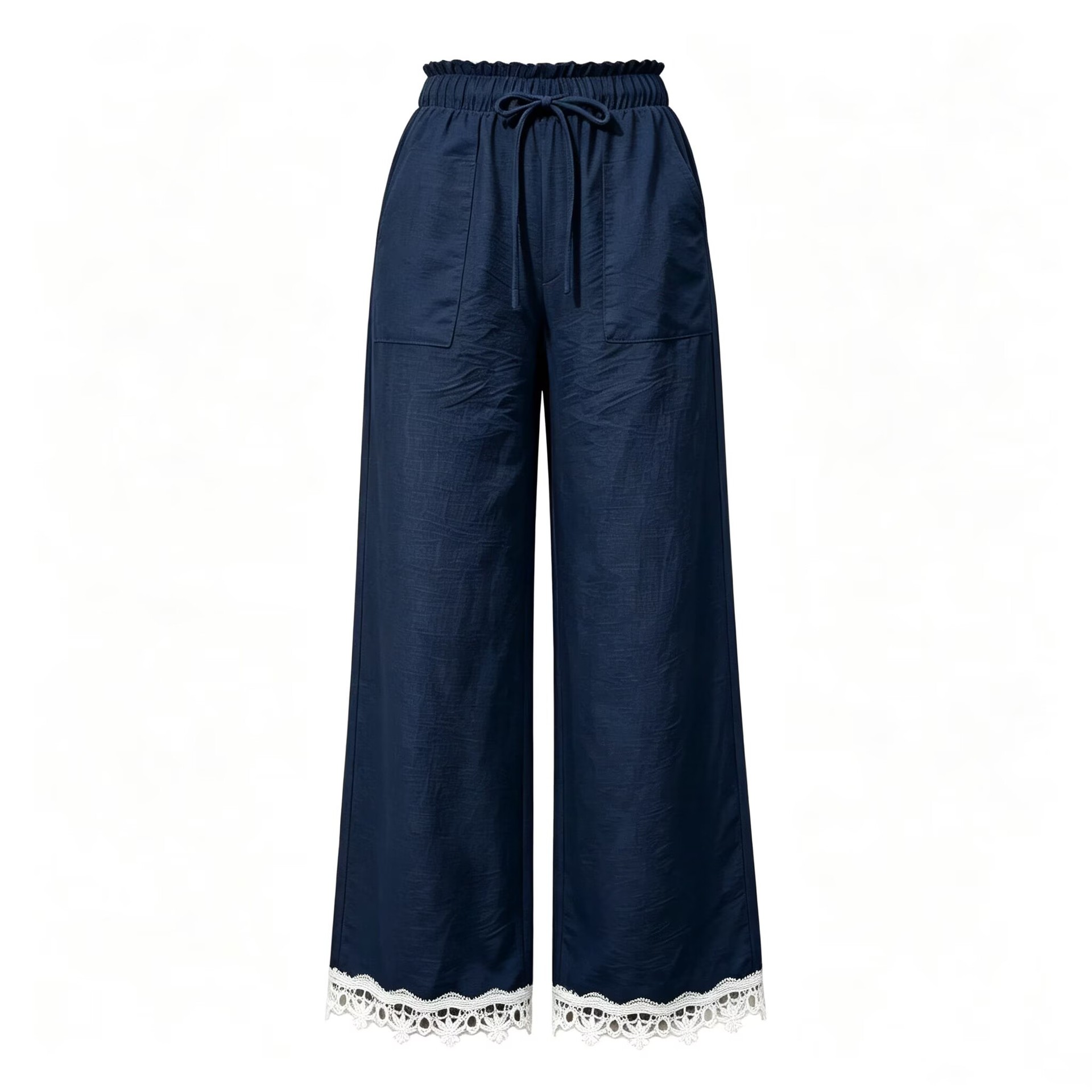 Women's Lace Trim Wide Leg Pants Casual Loose Straight Trousers
