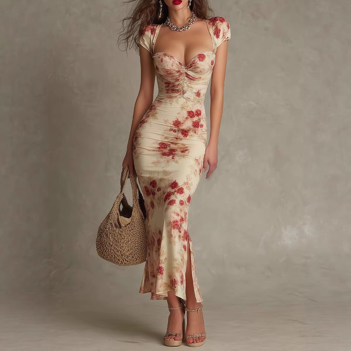 Floral Print Square Neck High Slit Bodycon Midi Dress